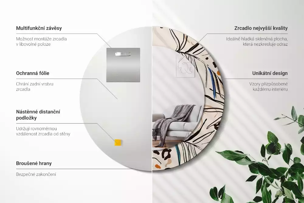 Espejo redondo con decoración Flores con estampado de jungla