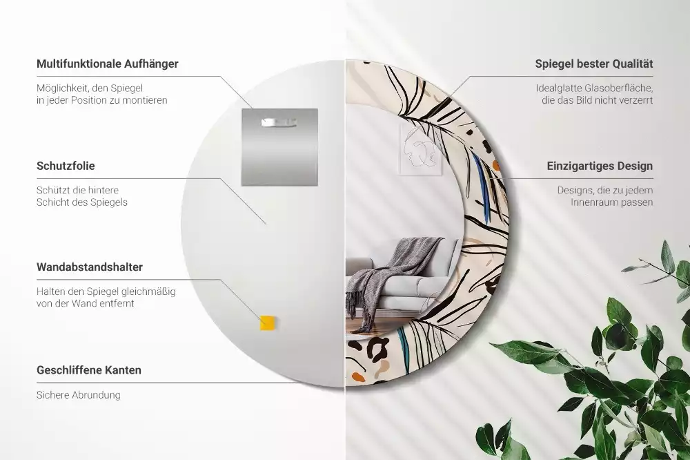 Espejo redondo con decoración Flores con estampado de jungla