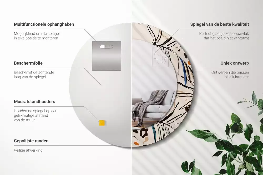 Espejo redondo con decoración Flores con estampado de jungla