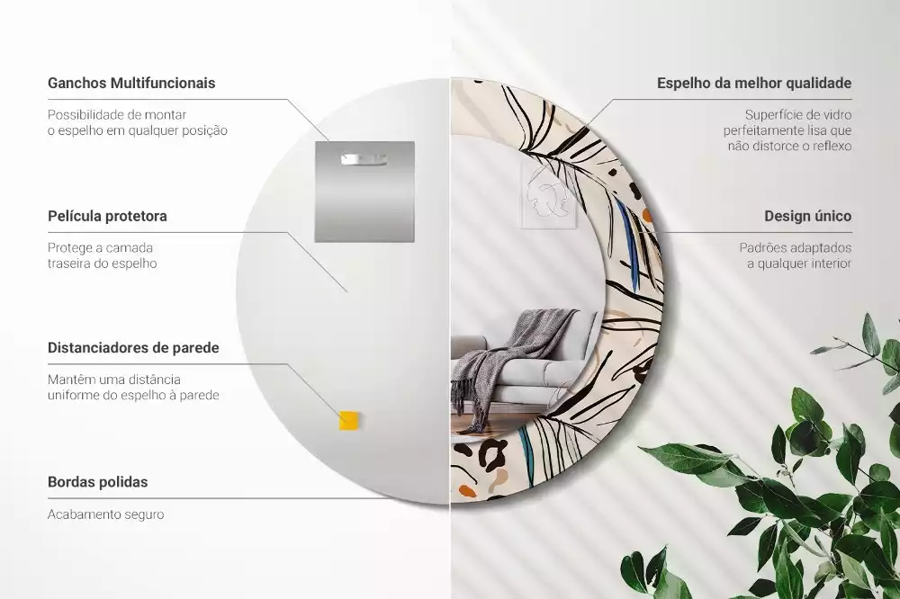 Espejo redondo con decoración Flores con estampado de jungla