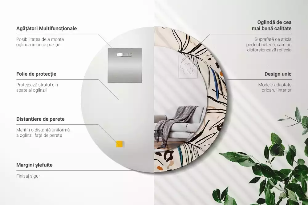 Espejo redondo con decoración Flores con estampado de jungla