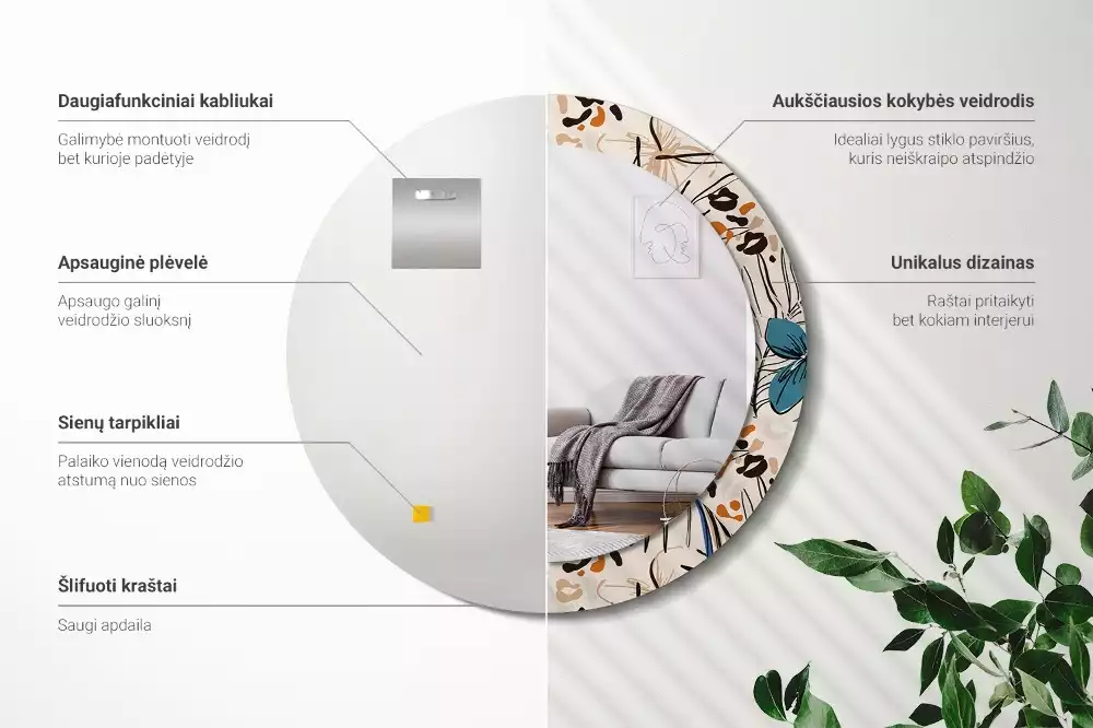 Espejo redondo con decoración Flores con estampado de jungla