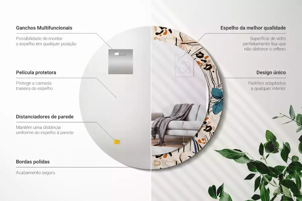 Espejo redondo con decoración Flores con estampado de jungla