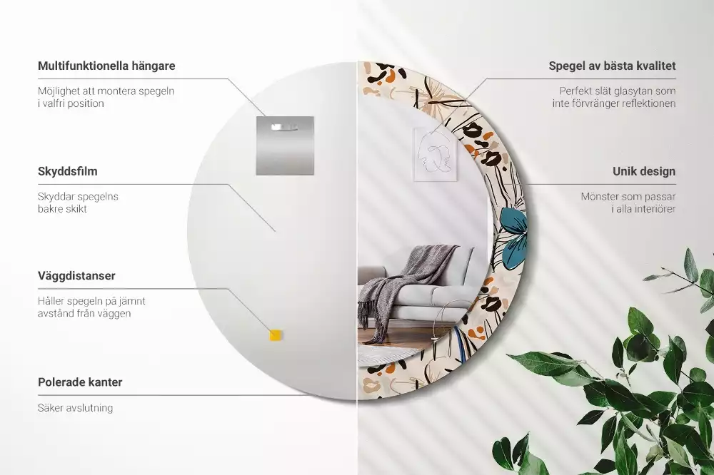 Espejo redondo con decoración Flores con estampado de jungla