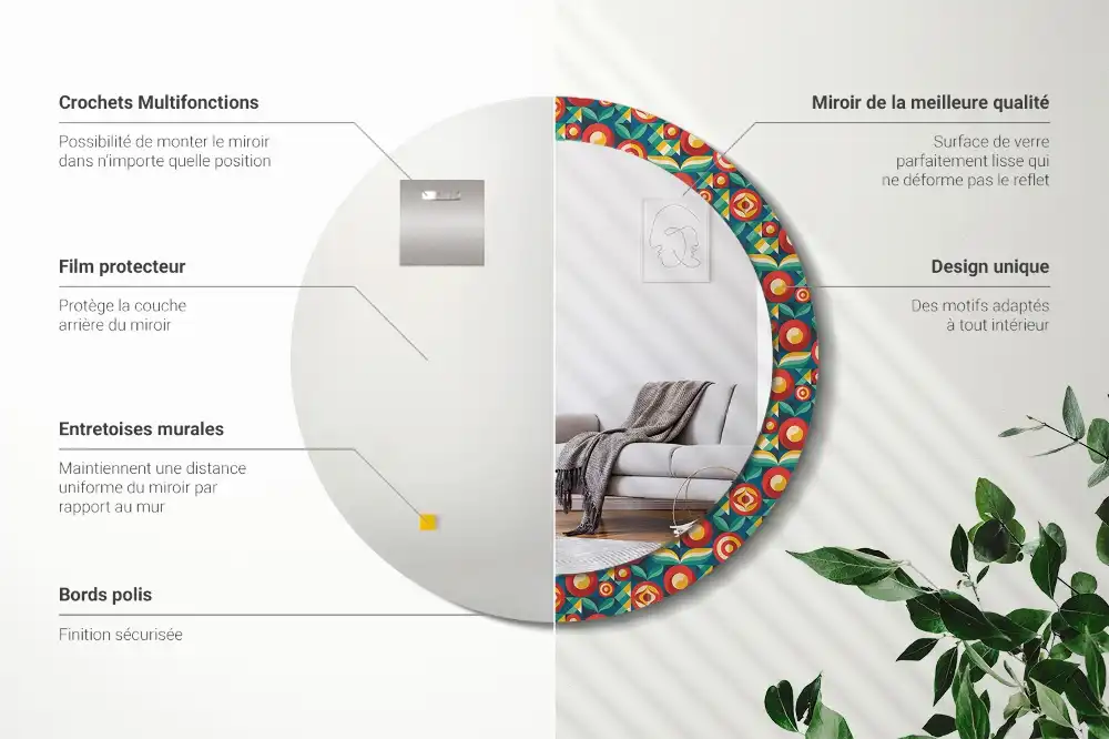 Espejo redondo estampado Frutas y hojas geométricas