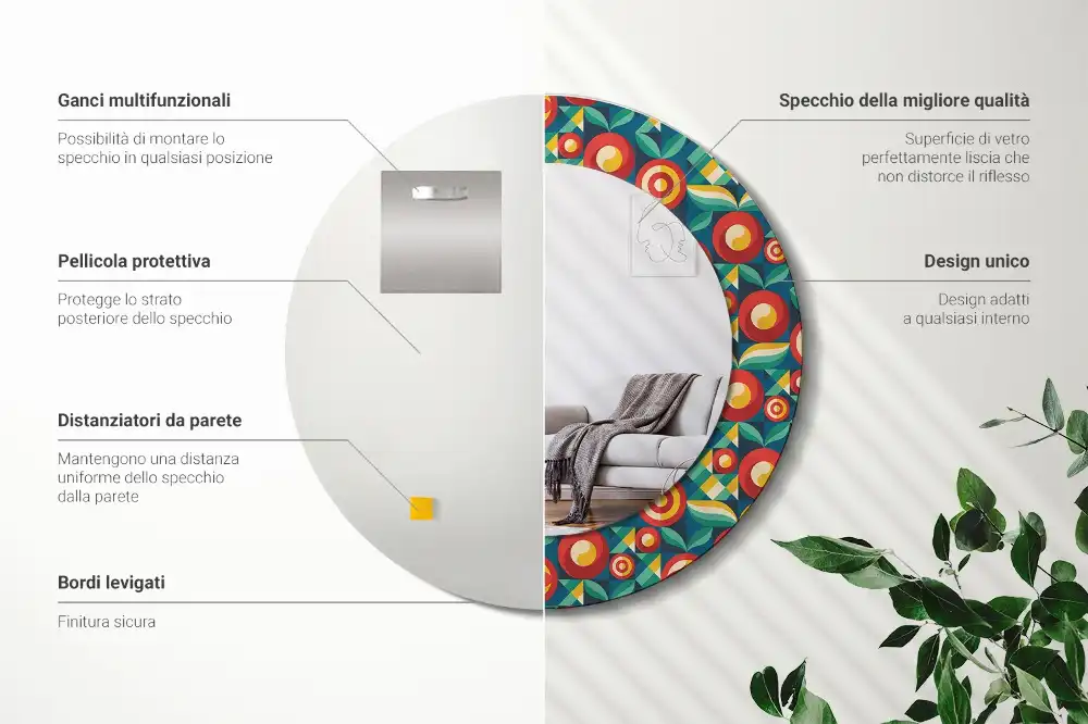 Espejo redondo estampado Frutas y hojas geométricas