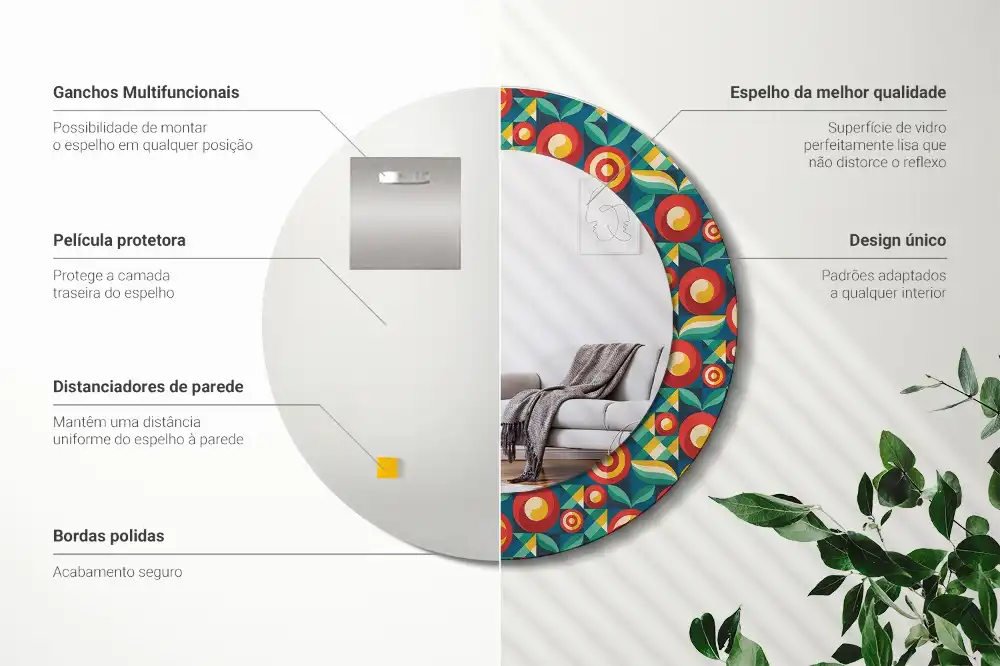 Espejo redondo estampado Frutas y hojas geométricas