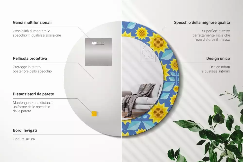 Espejo redondo con decoración Girasoles geométricos