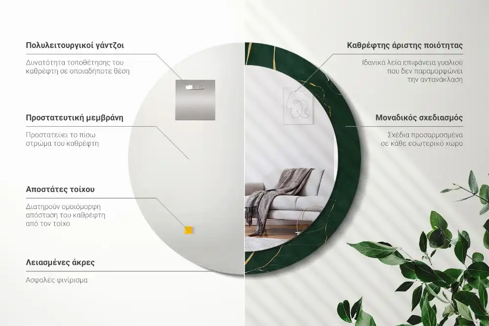 Espejo redondo con decoración Contorno de la hoja