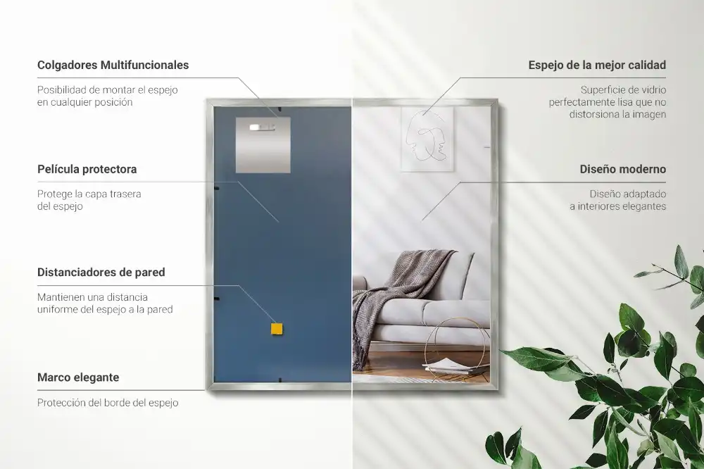 Espejo rectangular con marco plateado decorativo