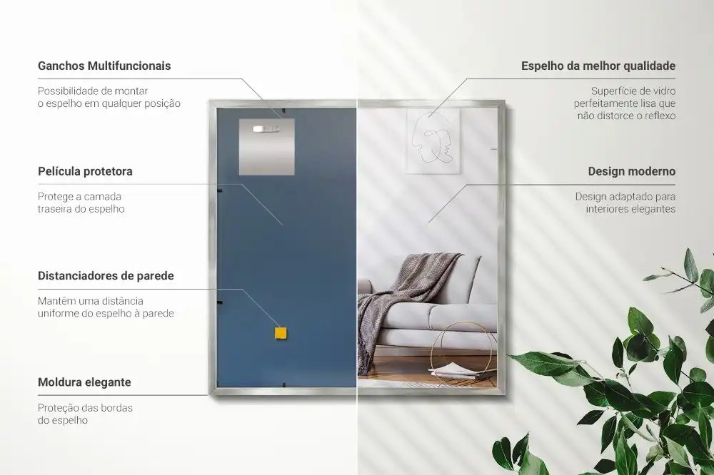 Espejo rectangular con marco plateado decorativo