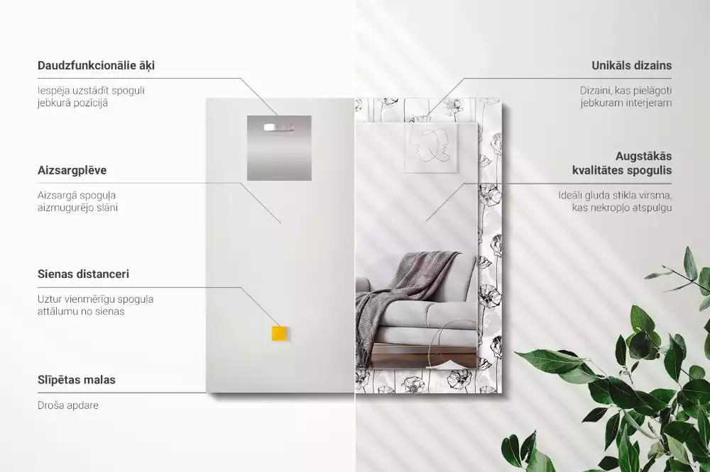 Espejo rectangular impreso Patrón de flores monocromático