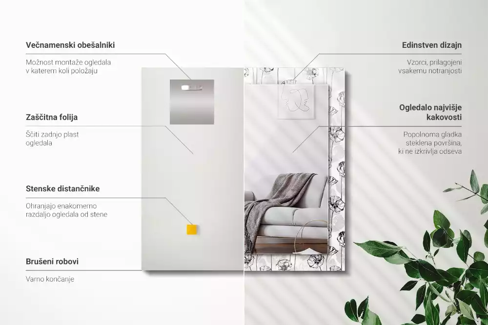 Espejo rectangular impreso Patrón de flores monocromático
