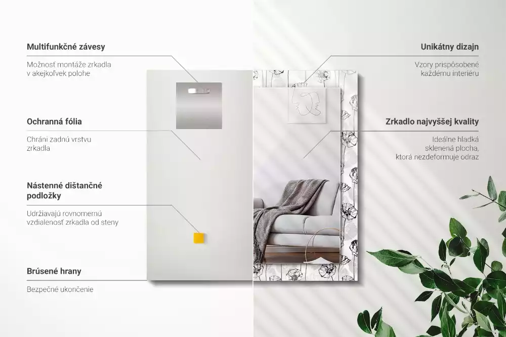 Espejo rectangular impreso Patrón de flores monocromático