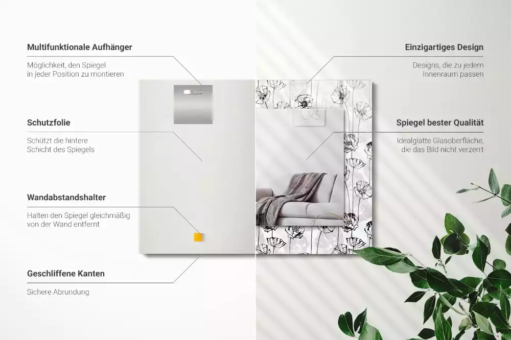 Espejo rectangular impreso Patrón de flores monocromático