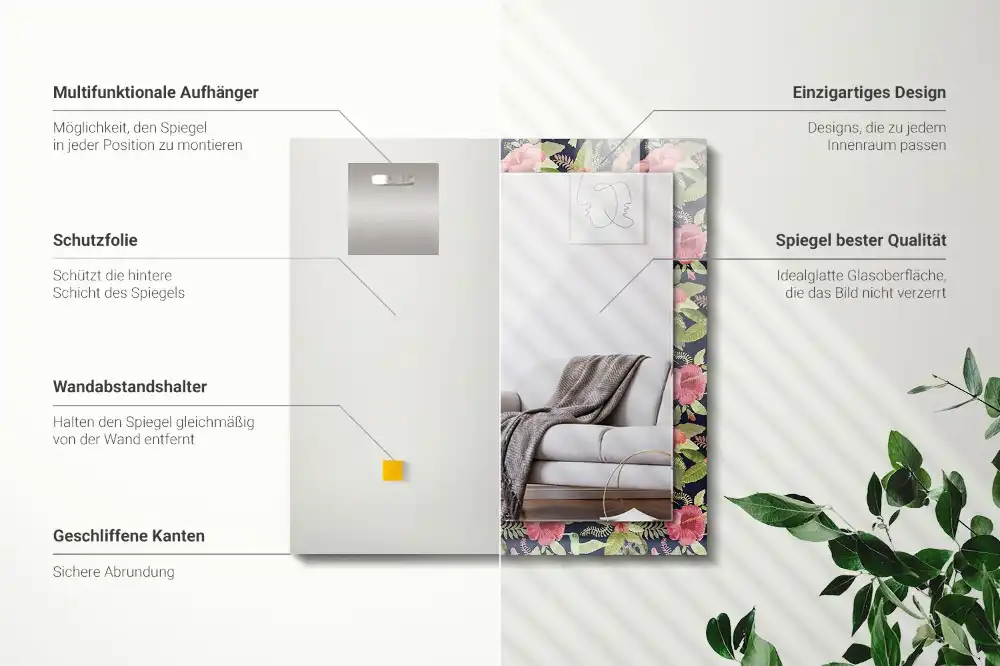 Espejo rectangular impreso Flores y pájaros