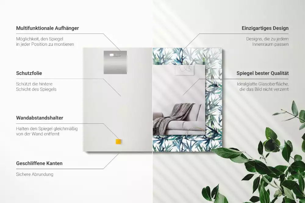 Espejo rectangular estampado Acuarela de hojas de bambú