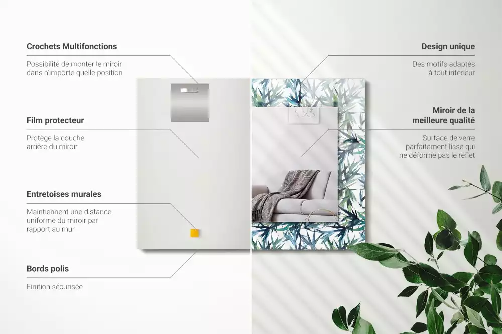 Espejo rectangular estampado Acuarela de hojas de bambú