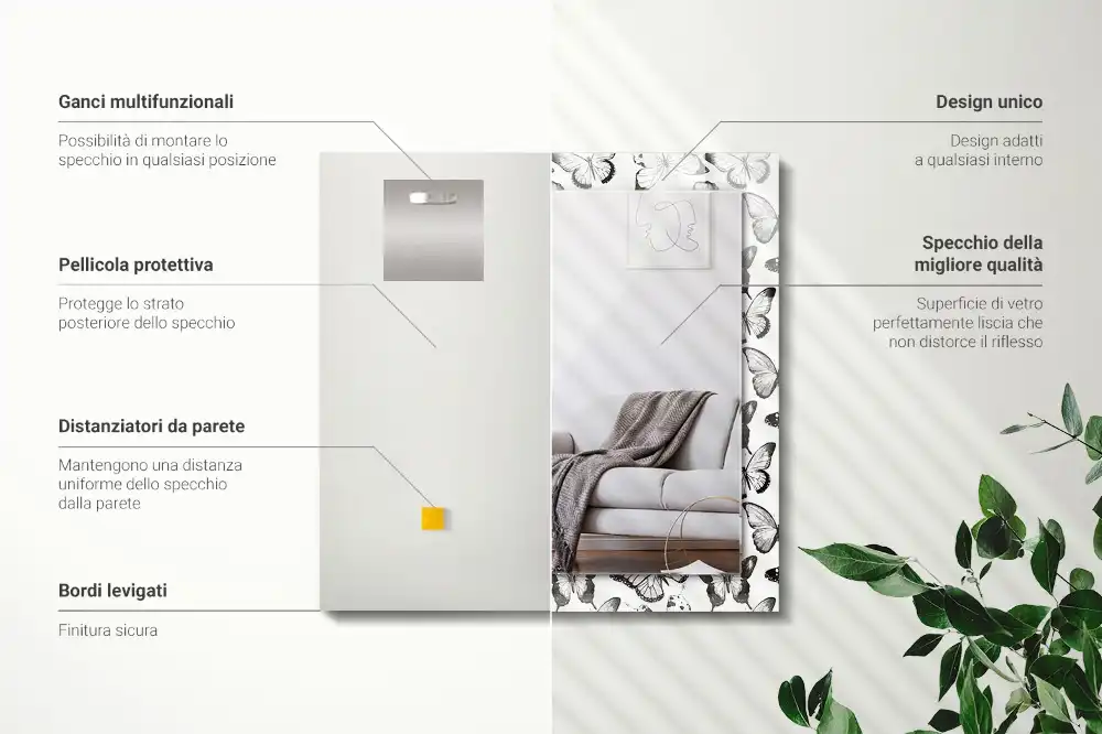 Espejo rectangular impreso mariposas blancas y negras