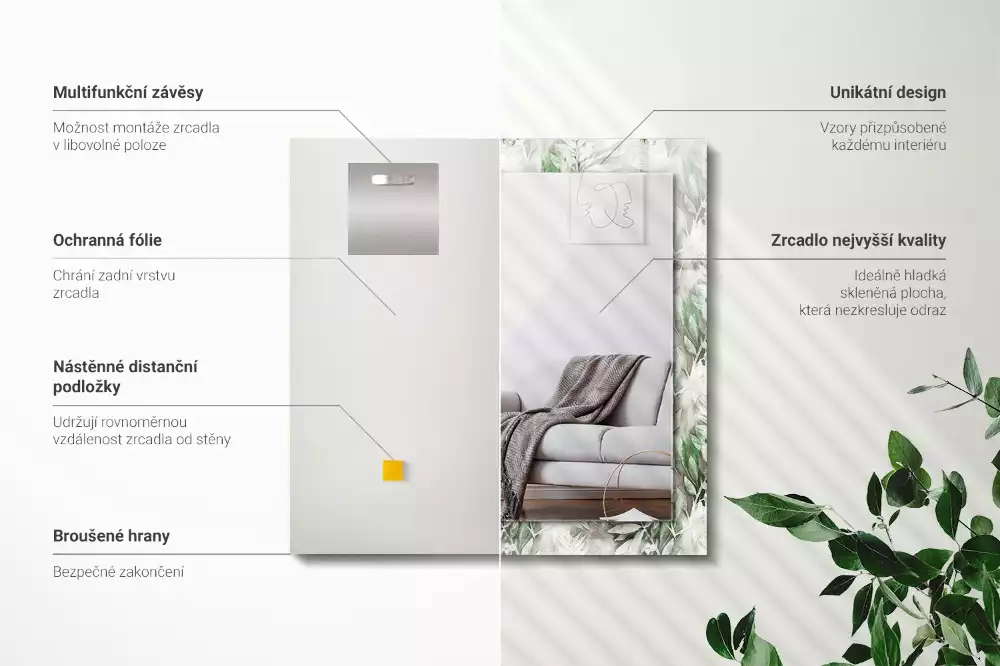 Espejo rectangular estampado Patrón de hojas verdes