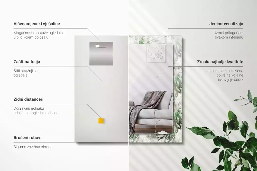 Espejo rectangular estampado Patrón de hojas verdes