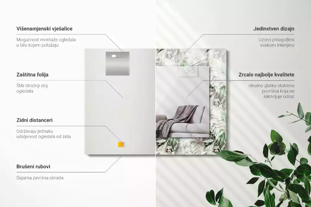 Espejo rectangular estampado Patrón de hojas verdes