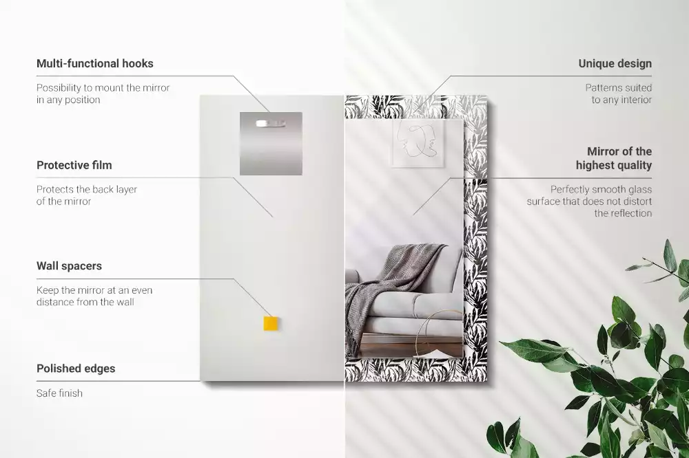 Espejo rectangular estampado Hojas blancas y negras