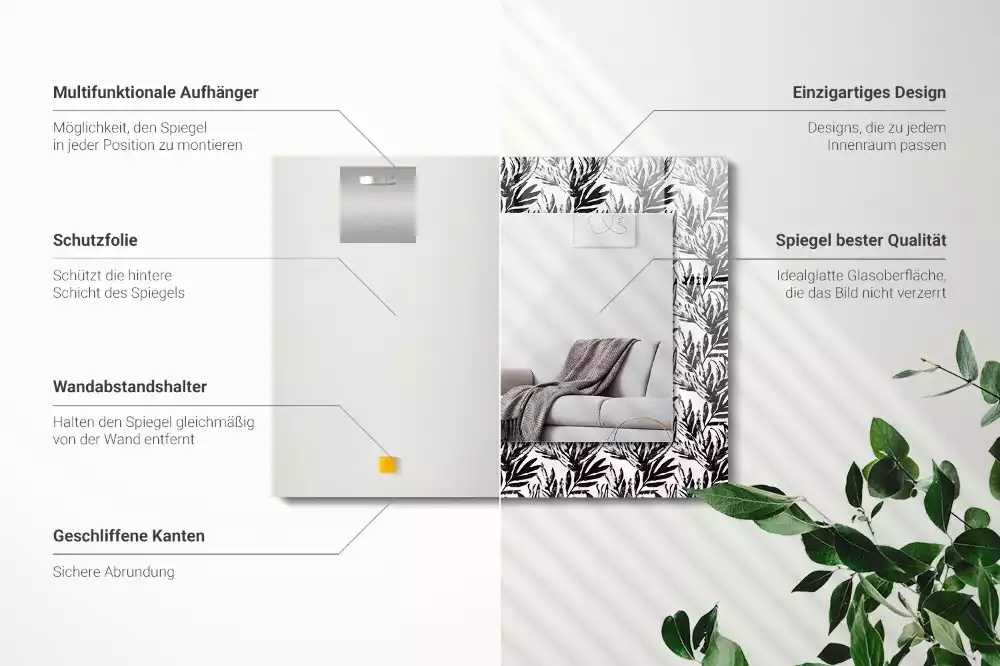 Espejo rectangular estampado Hojas blancas y negras