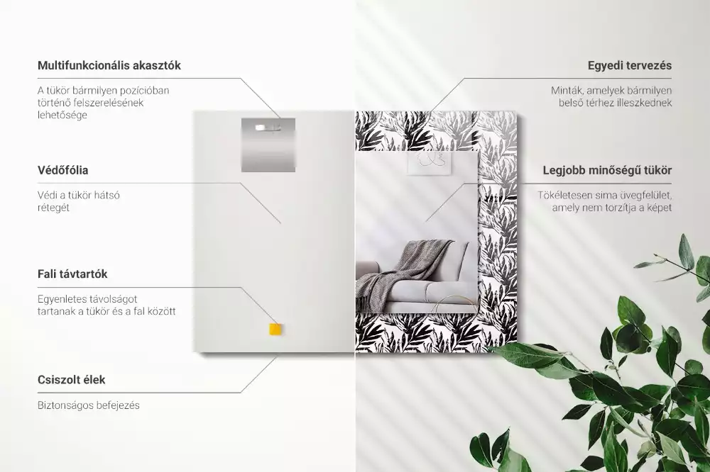 Espejo rectangular estampado Hojas blancas y negras