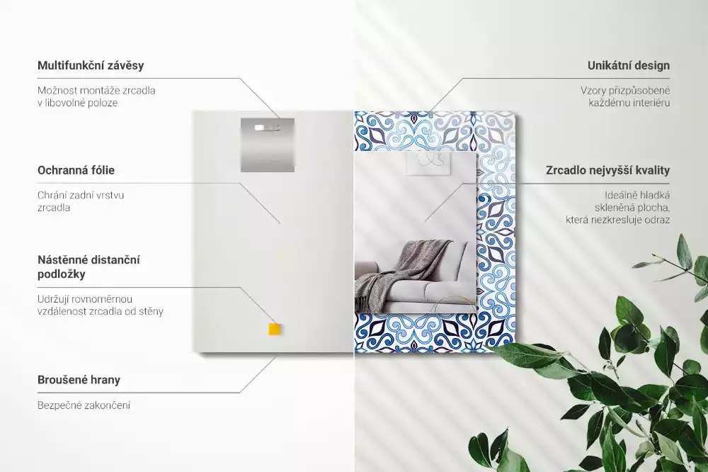 Espejo rectangular estampado Patrón de adorno azul