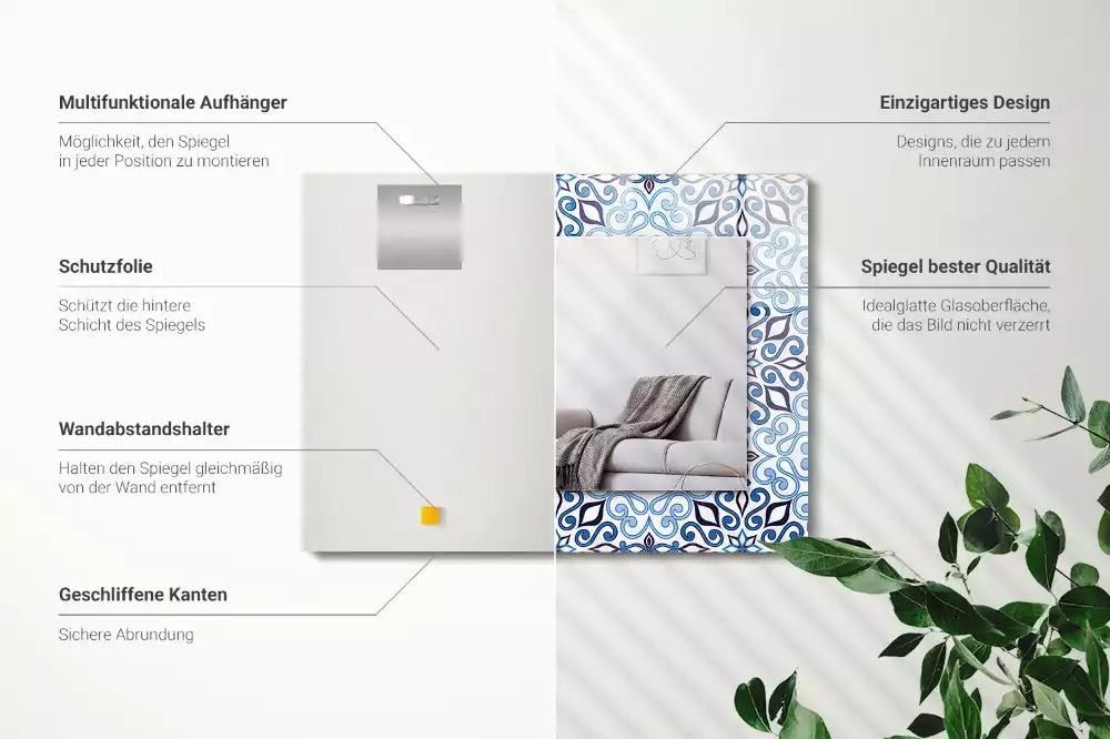 Espejo rectangular estampado Patrón de adorno azul