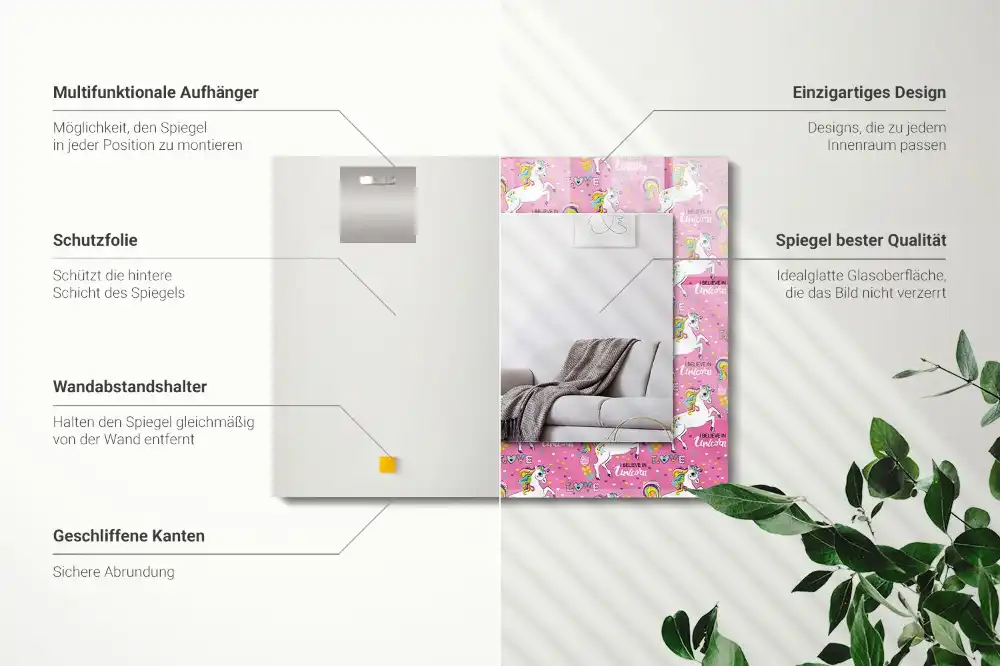 Espejo rectangular impreso Unicornios arcoíris corazones