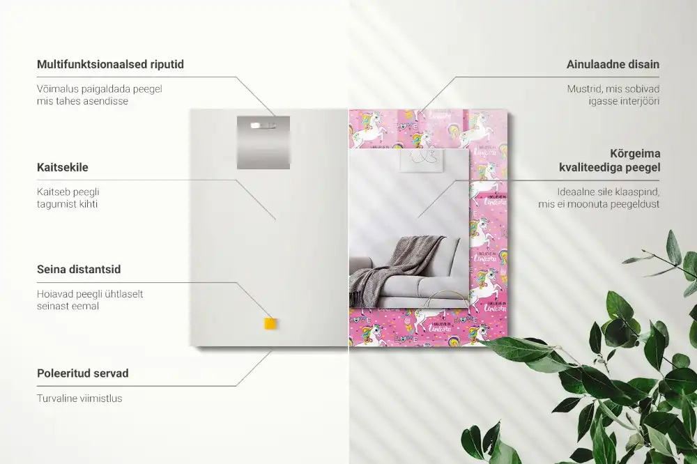 Espejo rectangular impreso Unicornios arcoíris corazones