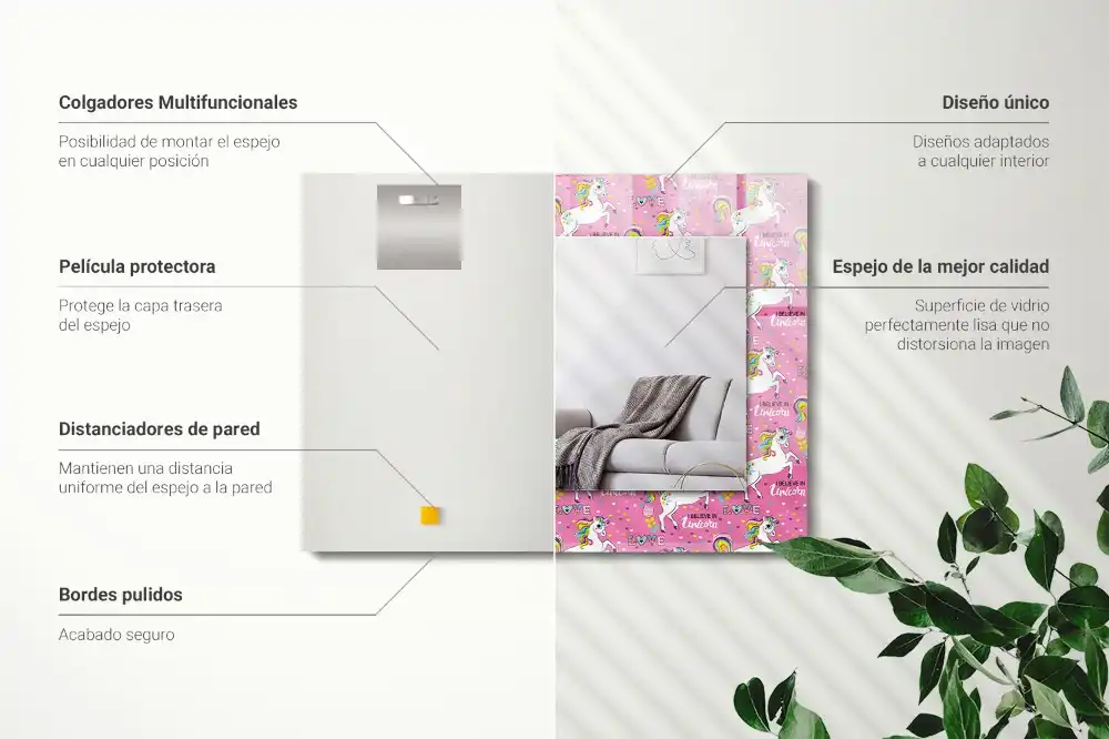 Espejo rectangular impreso Unicornios arcoíris corazones
