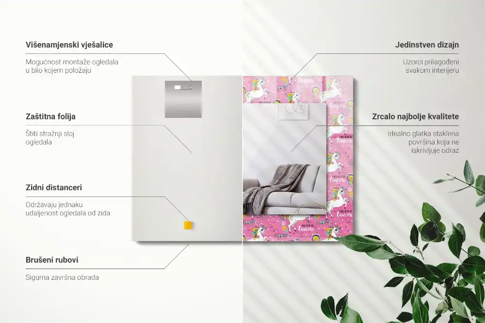 Espejo rectangular impreso Unicornios arcoíris corazones