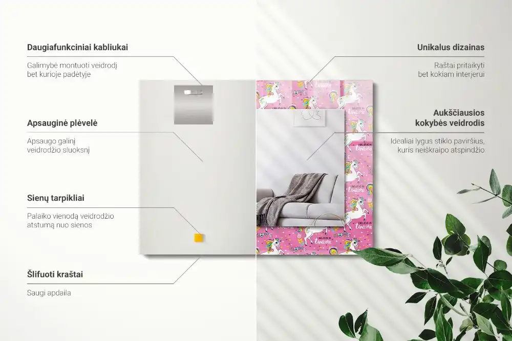 Espejo rectangular impreso Unicornios arcoíris corazones