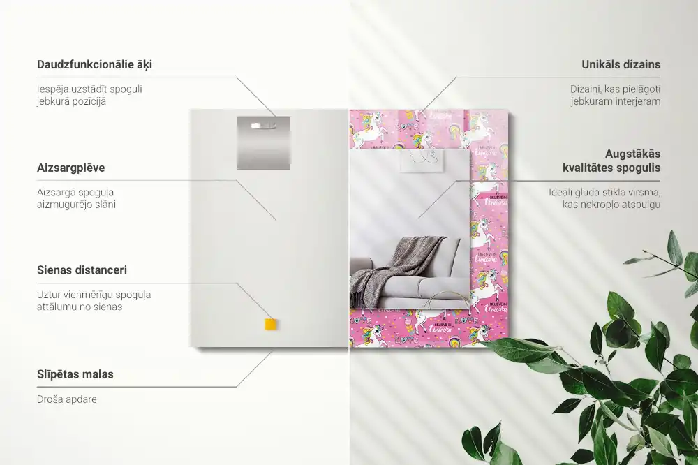 Espejo rectangular impreso Unicornios arcoíris corazones