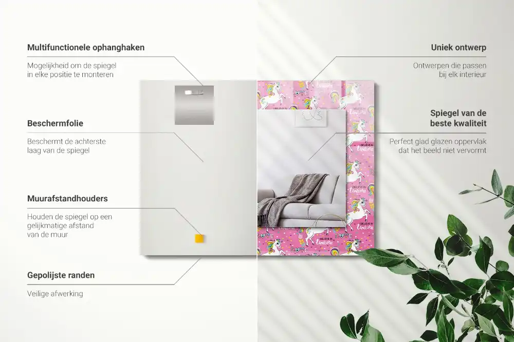 Espejo rectangular impreso Unicornios arcoíris corazones