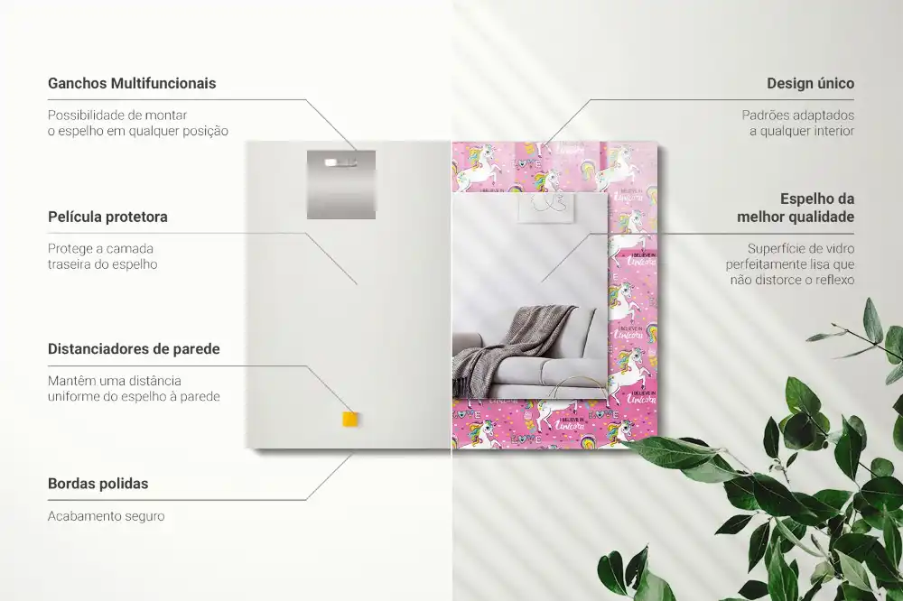 Espejo rectangular impreso Unicornios arcoíris corazones