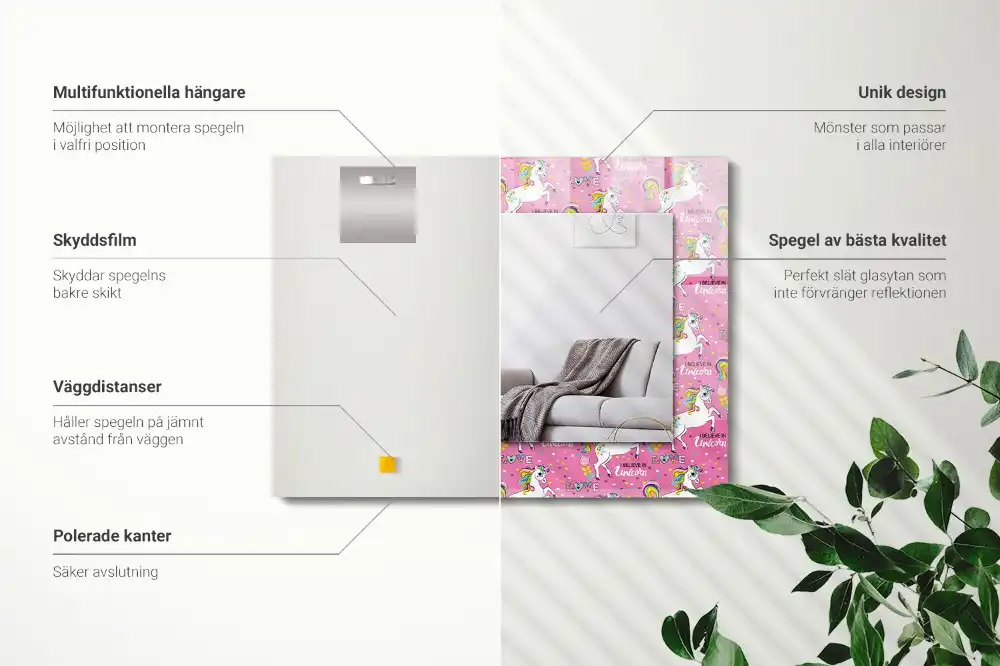 Espejo rectangular impreso Unicornios arcoíris corazones