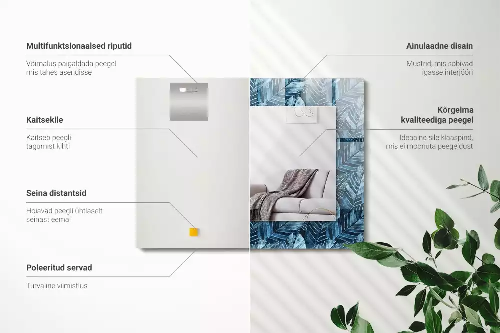 Espejo rectangular impreso Patrón de hojas azules