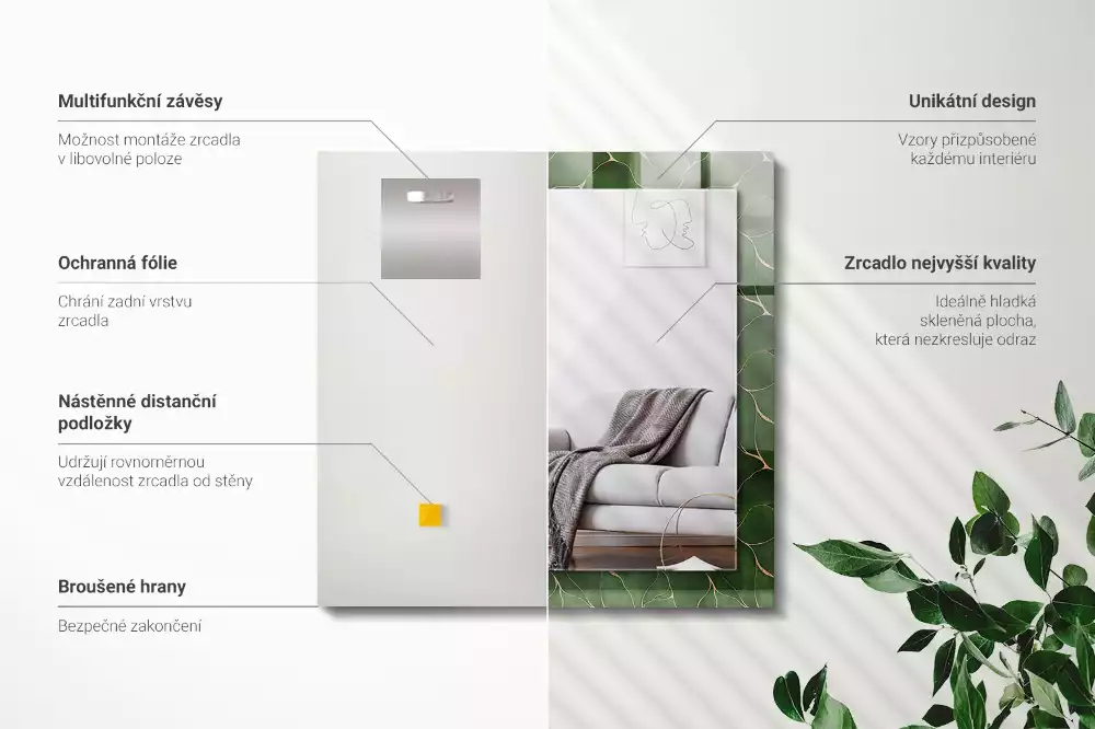 Espejo rectangular estampado Patrón de hojas verdes