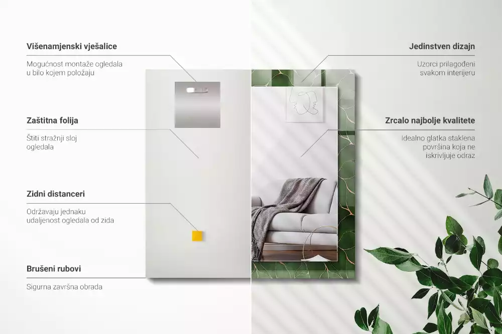 Espejo rectangular estampado Patrón de hojas verdes