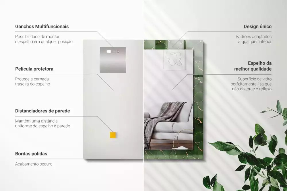 Espejo rectangular estampado Patrón de hojas verdes