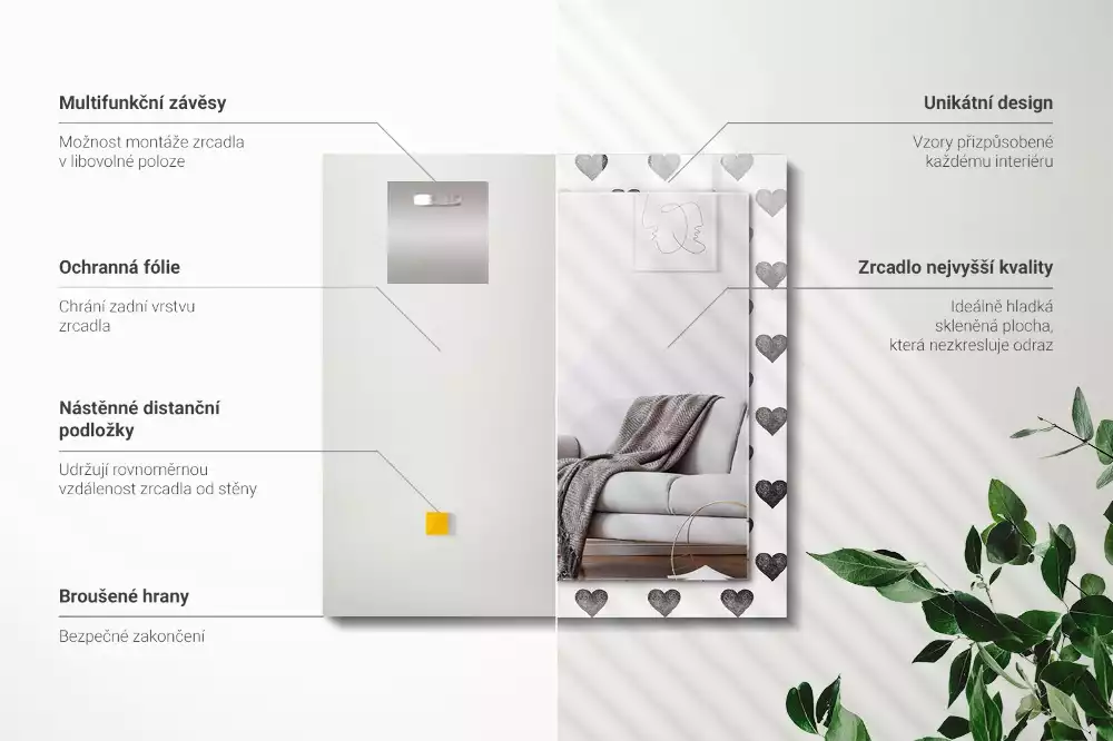 Espejo rectangular impreso Patrón de corazones negros