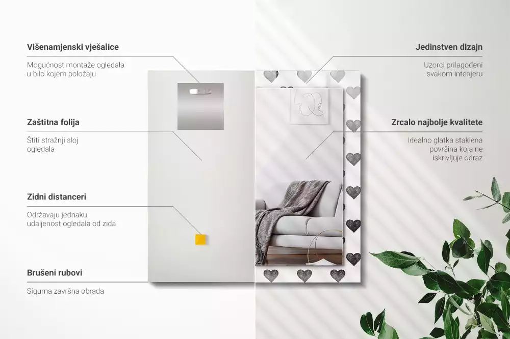 Espejo rectangular impreso Patrón de corazones negros