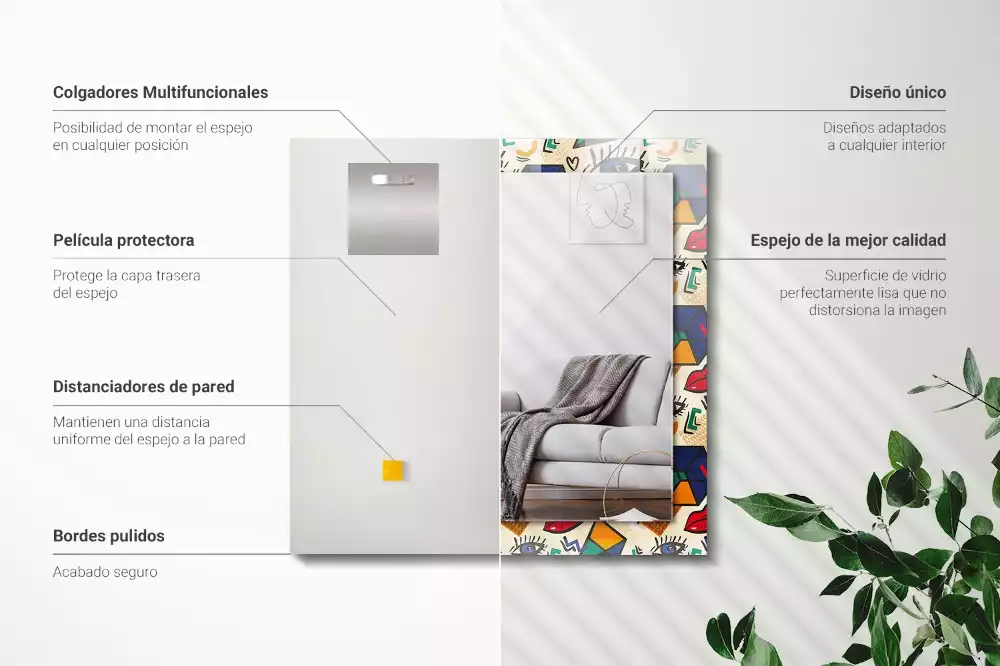 Espejo rectangular estampado Formas de los ojos y la boca