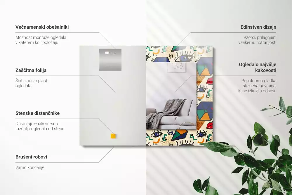 Espejo rectangular estampado Formas de los ojos y la boca