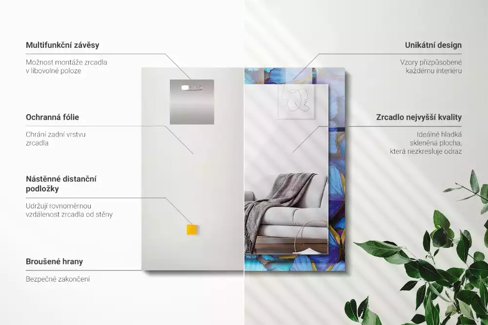 Espejo rectangular estampado mariposas azules y verdes