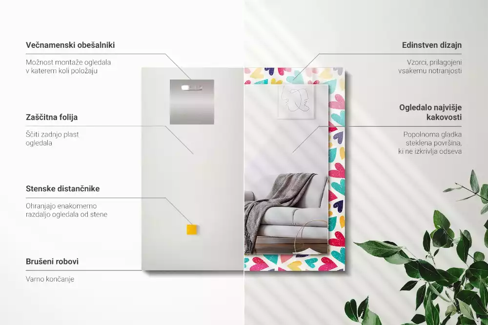 Espejo rectangular estampado Patrón de corazones de colores